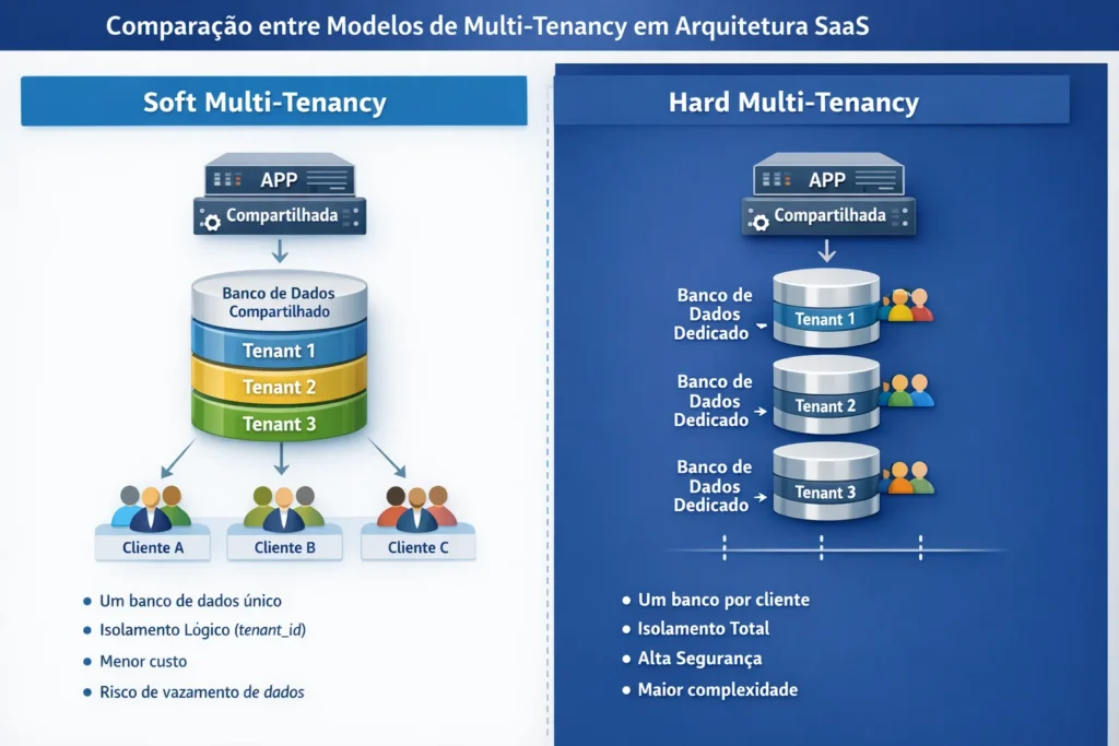 Comparação visual entre soft multi-tenancy e hard multi-tenancy em arquitetura SaaS, destacando isolamento de dados, segurança e escalabilidade