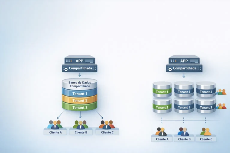 Comparação visual entre hard multi-tenancy e soft multi-tenancy em arquitetura SaaS, destacando isolamento de dados e estrutura de banco