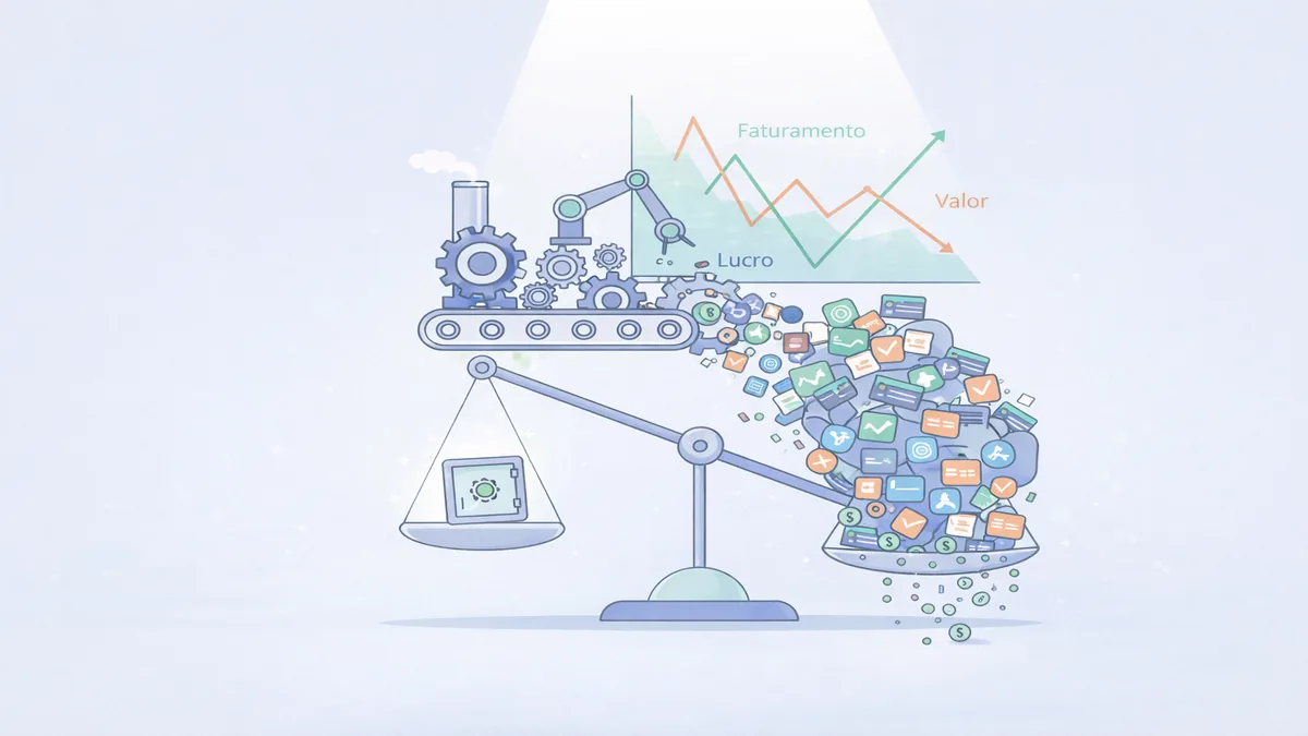 Ilustração conceitual representando o excesso de funcionalidades em um SaaS e seu impacto negativo na margem e no lucro