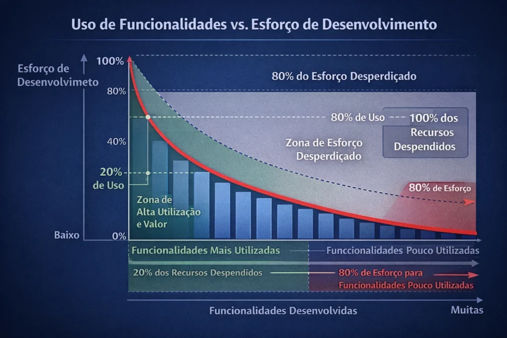 Gráfico mostrando que poucas funcionalidades concentram a maior parte do uso, enquanto a maior parte do esforço de desenvolvimento em SaaS é dedicada a recursos pouco utilizados